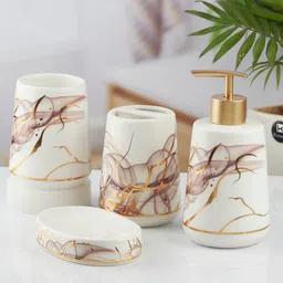 Kookee White & Gold-Toned 4Pcs Abstract Ceramic Bath Accessories Set 400ml image 3