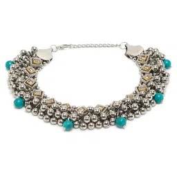 Sangria Set Of 2 German Silver-Plated Beaded Oxidised Tribal Anklets image 5