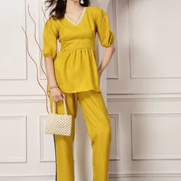 Stylum Mustard Yellow Embroidered Mirror Work Top With Trousers  Co-Ord set image 4