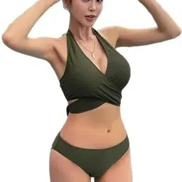 mon fashion collection Solid Women Bikini Green Swimsuit image 5