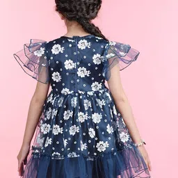 Cutiekins Girls Floral Printed Flutter Sleeve Bow Tiered Net Fit & Flare Dress image 4