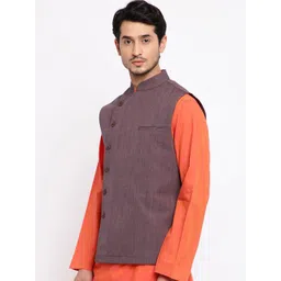 Fabindia Men Mauve Solid Pure Cotton Woven Nehru Jacket image 4