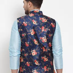 KRAFT INDIA Men Blue Silk Printed Mandarin Collar Nehru Jacket image 4