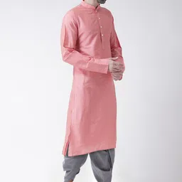 KISAH Men Peach Solid Straight Kurta with Dhoti Pants image 2
