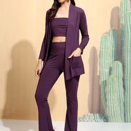 Tokyo Talkies Violet Strapless Ribbed Top & Jacket With Trousers-picture-47