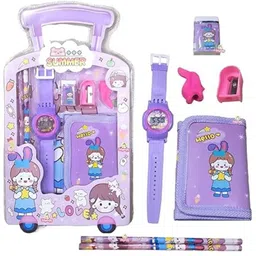 alphine 1 watch ,eraser , sharpener, Purse,2 pencils Barbie, Hello kitty, Mickey mouse, Spiderman Art Plastic Pencil Box-picture-25