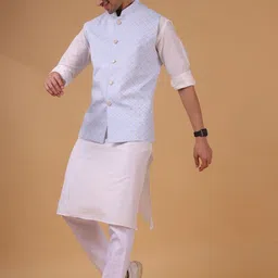 SHIWAM ETHNIX Geometric Printed Cotton Linen Nehru Jacket image 2