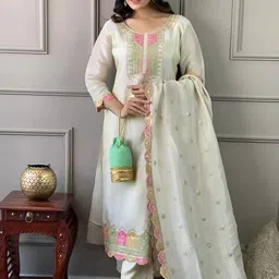 NIZA FASHION Women Embroidered Regular Thread Work Kurta with Trousers & With Dupatta image 4