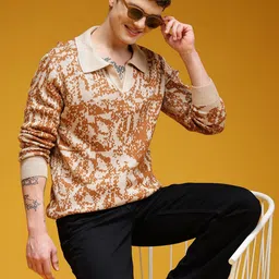 here&now Men Self Design Collared Neck Beige Sweater-picture-27