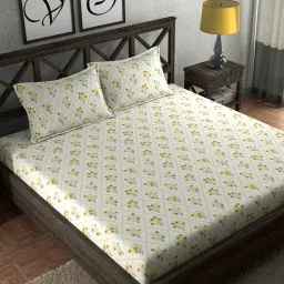 Yellow Floral 210 TC Microfiber Queen Sized Bed Sheets with 2 Pillow Covers by Chhavi India image 1