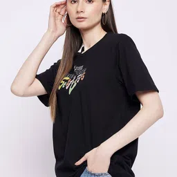 Mast & Harbour Black Typography Printed Oversized Pure Cotton T-shirt image 5