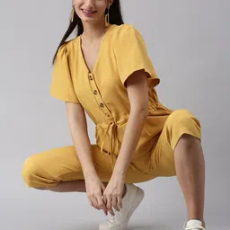 SHOWOFF Women Yellow Solid Polyester Basic Jumpsuit image 5