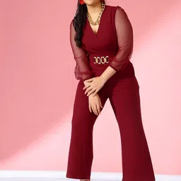 CURVE BY KASSUALLY Maroon V-Neck Long Sleeve Basic Jumpsuit image 4