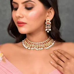 DASTOOR Gold-Plated Red Stone & Beaded Jewellery Set image 1