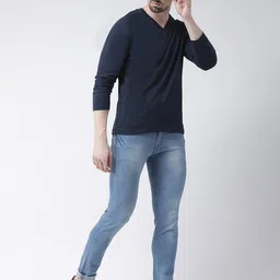 Friskers Men Navy Blue V-Neck Pure Cotton T-shirt image 4