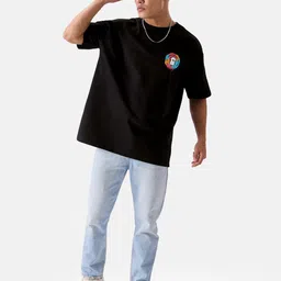The Souled Store Black Graphic Printed Drop-Shoulder Sleeves Oversized Pure Cotton T-shirt image 5
