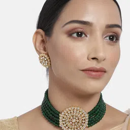 I Jewels Green Gold Plated Beaded Choker & Earring Jewellery Set-picture-33