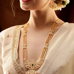 Rubans 22K Gold-Plated Ruby Pink, Emerald & Cubic Zirconia Studded Necklace Set with Pearl-image-8