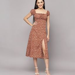 aayu Women A-line Beige, Brown Midi/Calf Length Dress-picture-0