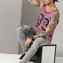 Rodzen Men Mauve Varsity Printed Raw Edge T-shirt image 5