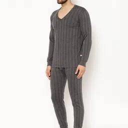 mack jonney VIMAL JONNEY Men Charcoal Grey Striped Thermal Set image 5