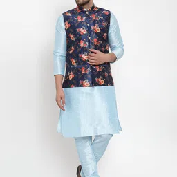 KRAFT INDIA Men Blue Silk Printed Mandarin Collar Nehru Jacket image 3