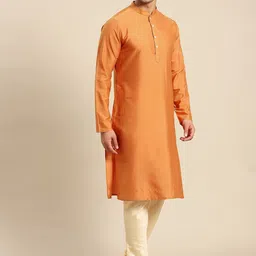 KISAH Men Orange Kurta with Churidar & Nehru Jacket image 5