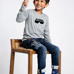 Friskers Boys Grey Printed High Neck Applique Slim Fit T-shirt image 2