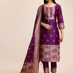 ZARIMO Ethnic Motifs Woven Design Raw Silk Straight Kurta & Trousers With Dupatta image 5