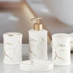Kookee White & Gold Toned 4 Pieces Ceramic Abstract Bath Accessories Set image 4