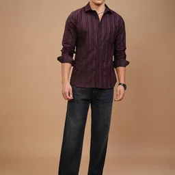 HIGHLANDER Men Slim Fit Spread Collar Vertical Striped Cotton Casual Shirt image 3