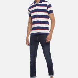 Campus Sutra White & Navy Blue Striped Polo Collar Cotton T-shirt image 5