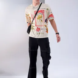 The Indian Garage Co Beige Typography Printed Drop Shoulder Sleeves Oversized T-shirt image 5