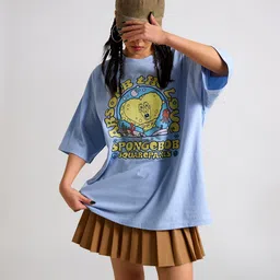 THE CLOTHING FACTORY Graphic Spongebob Printed Cotton Applique Oversized T-shirt image 5