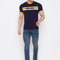Being Human Men Navy Blue & Yellow Brand Logo Printed T-shirt image 4