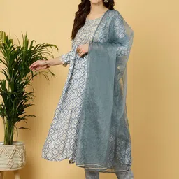 KALINI Floral Printed Embroidered Anarkali Kurta with Palazzos & Dupatta image 5