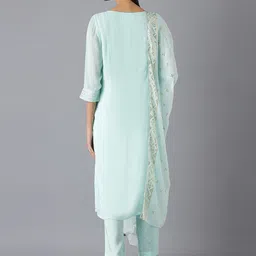 AURELIA Women Blue Ethnic Motifs Embroidered Kurta with Trousers & With Dupatta image 5