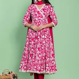 KASYA V Neck Floral Printed Empire Pure Cotton Anarkali Kurta with Palazzo & Dupatta image 2