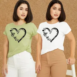 kasendra Pack of 2 Women Printed Round Neck Polyester Green, White T-Shirt-picture-12