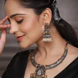 Saraf RS Jewellery Rhodium-Plated American Diamond Studded & Beaded Necklace & Earrings image 5
