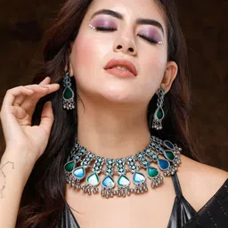 Moedbuille Silver-Plated Oxidised Stone-Studded Meenakari Jewellery Set image 2