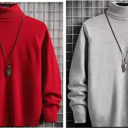 gulika Men Solid High Neck Red, Grey Sweater-picture-11