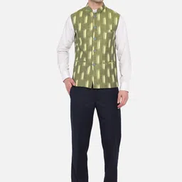 Vastraa Fusion Men Green Ikat Block Printed Pure Cotton Nehru Jackets image 2