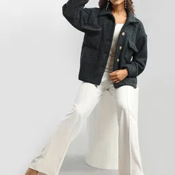 HONNETE Spread Collar Buttoned Pea Coat With Faux Fur Trims image 1
