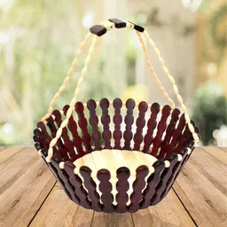 voidrop Handcrafted Wooden Basket with Beaded Handle Elegant Storage for Fruits, Snacks, Wooden Fruit & Vegetable Basket image 1