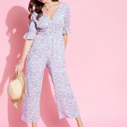KASSUALLY Holiyday Hype Blue & Pink Floral Holiday Hype Printed Waist Smocked Jumpsuit image 3