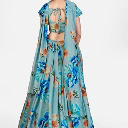 SHOPGARB Turquoise Blue & Orange Printed Semi-Stitched Lehenga & Unstitched Blouse With Dupatta image 5