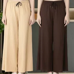first arrival Pack of 2 Women Regular Fit Cream, Brown Viscose Rayon Trousers-picture-15