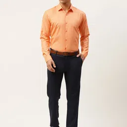 SOJANYA Men Orange Solid Cotton Linen Formal Shirt image 2