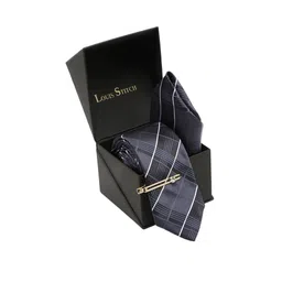 LOUIS STITCH Men Checked Silk Tie With Tie pin And Pocket Square image 5